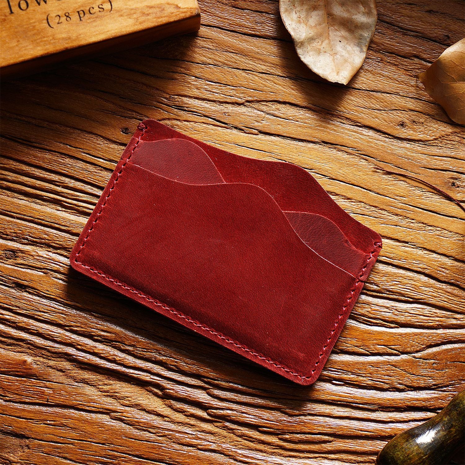 Wine Red Minimalist Slim Crazy Horse Leather Card Holder - Vintage Handcrafted Top Grain Cowhide Wallet and ID Case for Men