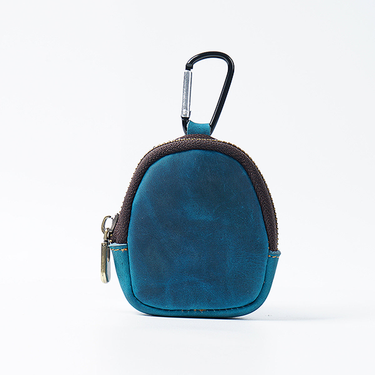 Blue Genuine Crazy Horse Leather Mini Coin Purse Zipper Shell Pouch Small Earphone Case Key Holder with Carabiner Clip 8.5cm for Travel