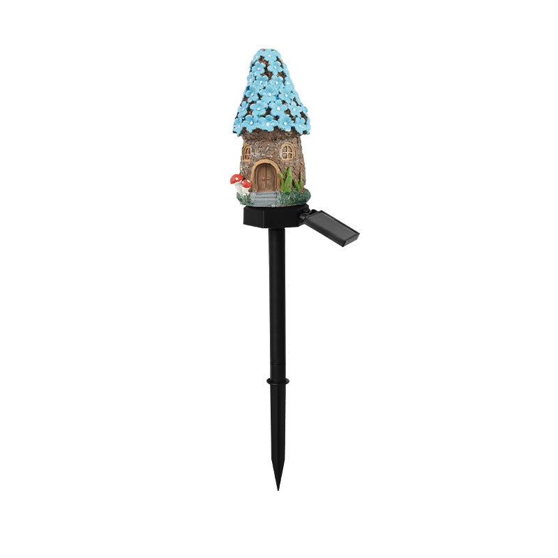 Blue House Solar Powered Mushroom House Garden Stake Lights - Outdoor Waterproof Resin Landscape Decorative Lamps with Warm LED Glow for Patio, Lawn, and Yard