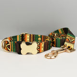 XL Green-yellow Print Boho Patterned Dog Collar with Gold Metal Bone Buckle Adjustable Tribal & Leopard Print Neck Strap for Puppies & Dogs