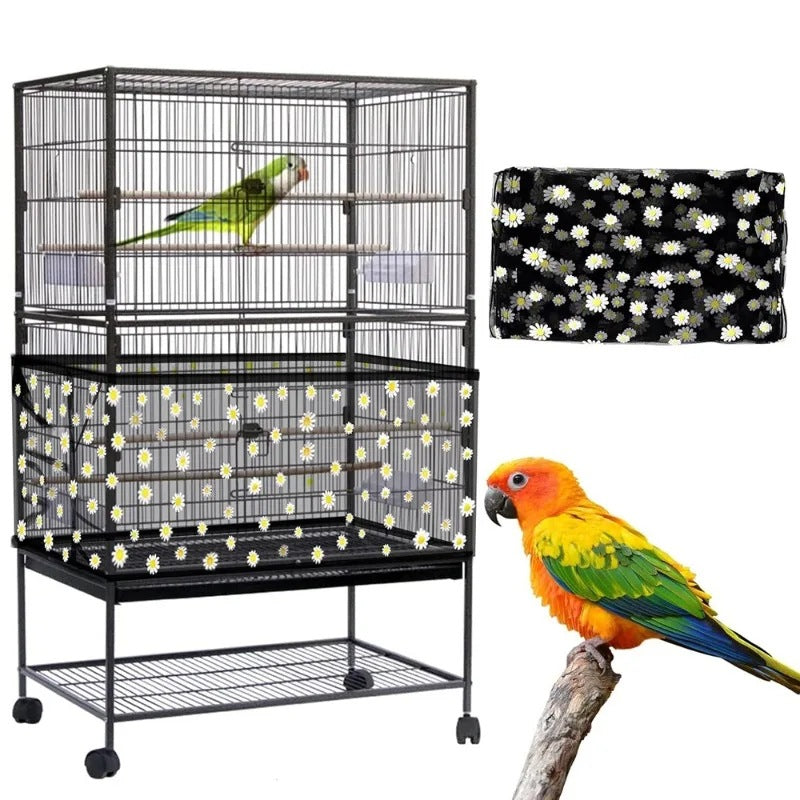 L Black Flower【Height 30, Circumference 220】 Large Bird Cage Seed Catcher Net Cover - Adjustable Mesh Guard Splash-Proof Dust Cover for Indoor Outdoor Cages