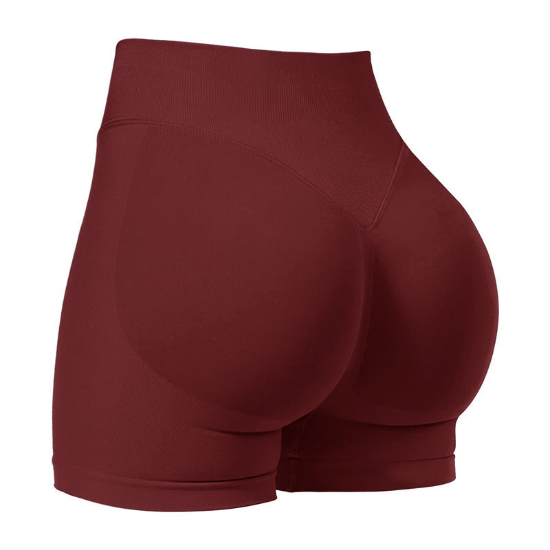 S Wine Red High-Elastic Hip Yoga Shorts - Seamless Mid-Intensity Pilates Workout Shorts