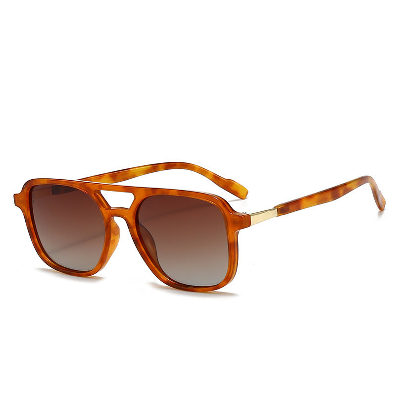 Amber-hued Tea Retro Double Bridge Square Frame Polarized Sunglasses - Driving Sun Protection Eyewear