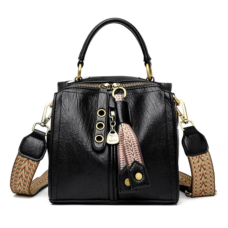 Black Vintage Look PU Leather Box Bag | Stylish Top Handle Crossbody Tote | Multi-Carry Bucket Bag with Wide Strap