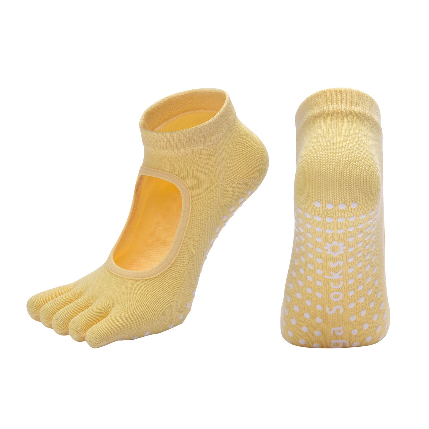 Yellow 3-Pack Women's Non-Slip Five-Finger Yoga Socks - Open Back Combed Cotton Pilates & Fitness Grip Socks for Professional Exercise