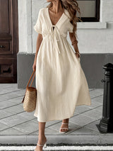 XXL Light Yellow Women's Bohemian Deep V-Neck Maxi Dress | Elegant Flowy Empire Waist Gown with Tie Detail