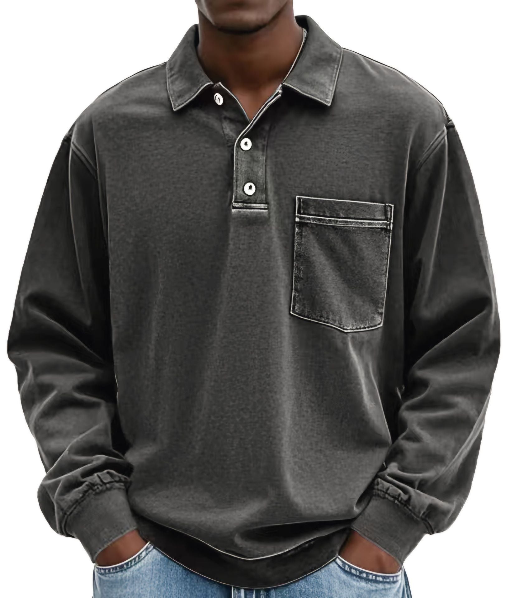 XXXL Black Men's Premium Long Sleeve Polo Shirt | Vintage Washed Relaxed Fit | Casual Loose Buttoned Lapel Top