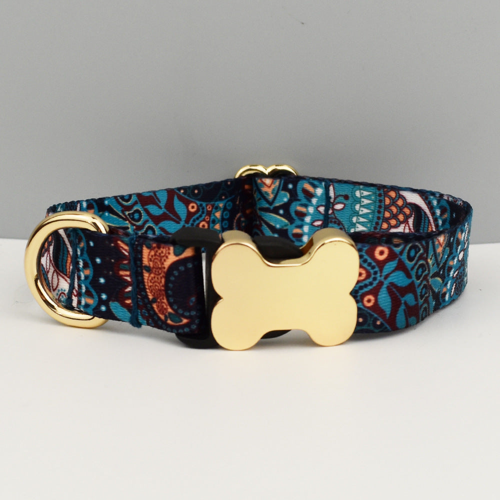 S Blue Boho Patterned Dog Collar with Gold Metal Bone Buckle Adjustable Tribal & Leopard Print Neck Strap for Puppies & Dogs