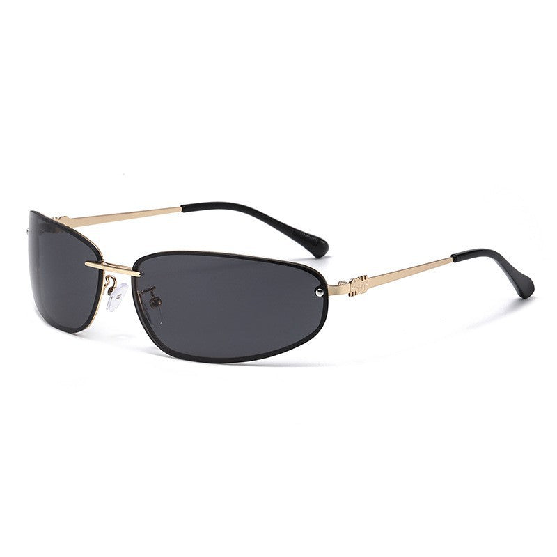 Gold-rimmed Black-and-grey Lenses 2PCS Retro Y2K Rimless Oval Sunglasses for Women | Fashion Metal Frame Old Money Aesthetic | Sweet Cool Spice Girl Sunnies
