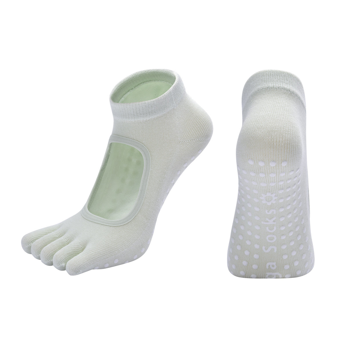 Macaron Green 3-Pack Women's Non-Slip Five-Finger Yoga Socks - Open Back Combed Cotton Pilates & Fitness Grip Socks for Professional Exercise