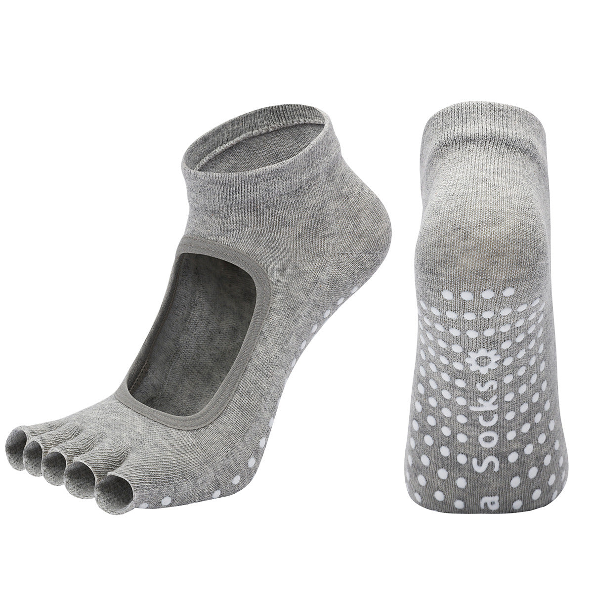 Light Grey 3-Pack Women's Non-Slip Five-Finger Yoga Socks - Open Back Combed Cotton Pilates & Fitness Grip Socks for Professional Exercise