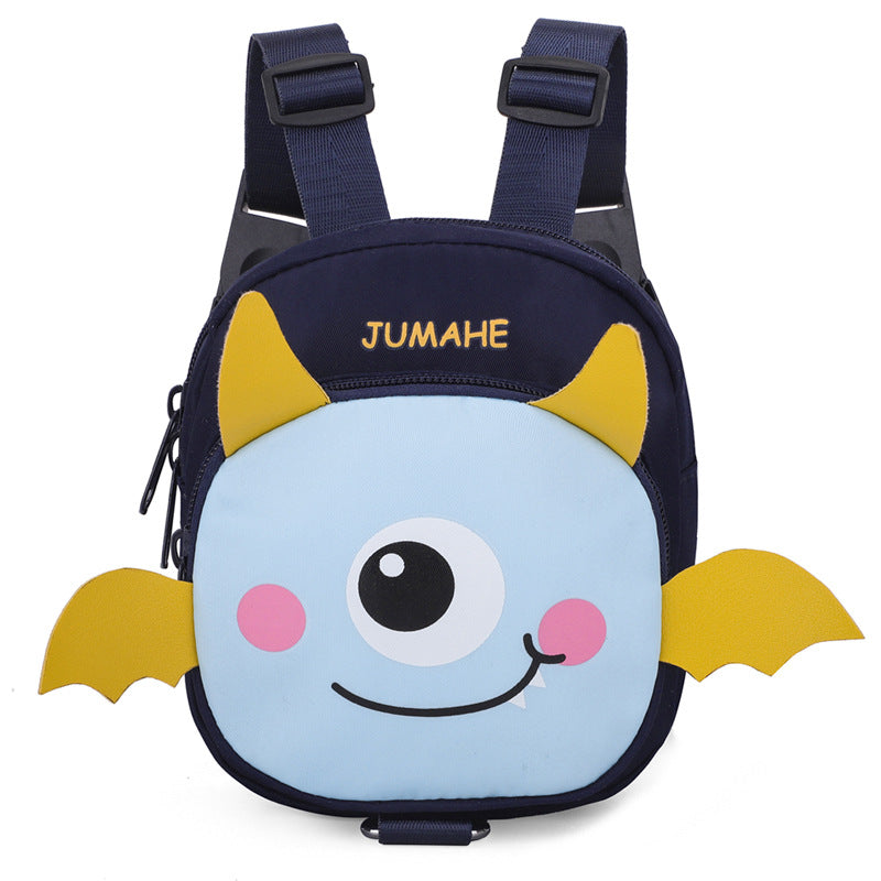 Navy Blue Cute Cartoon Monster Pet Backpack | Small Dog Self-Wearing Snack Bag | Adjustable Harness with Leash Attachment and Waste Bag Dispenser