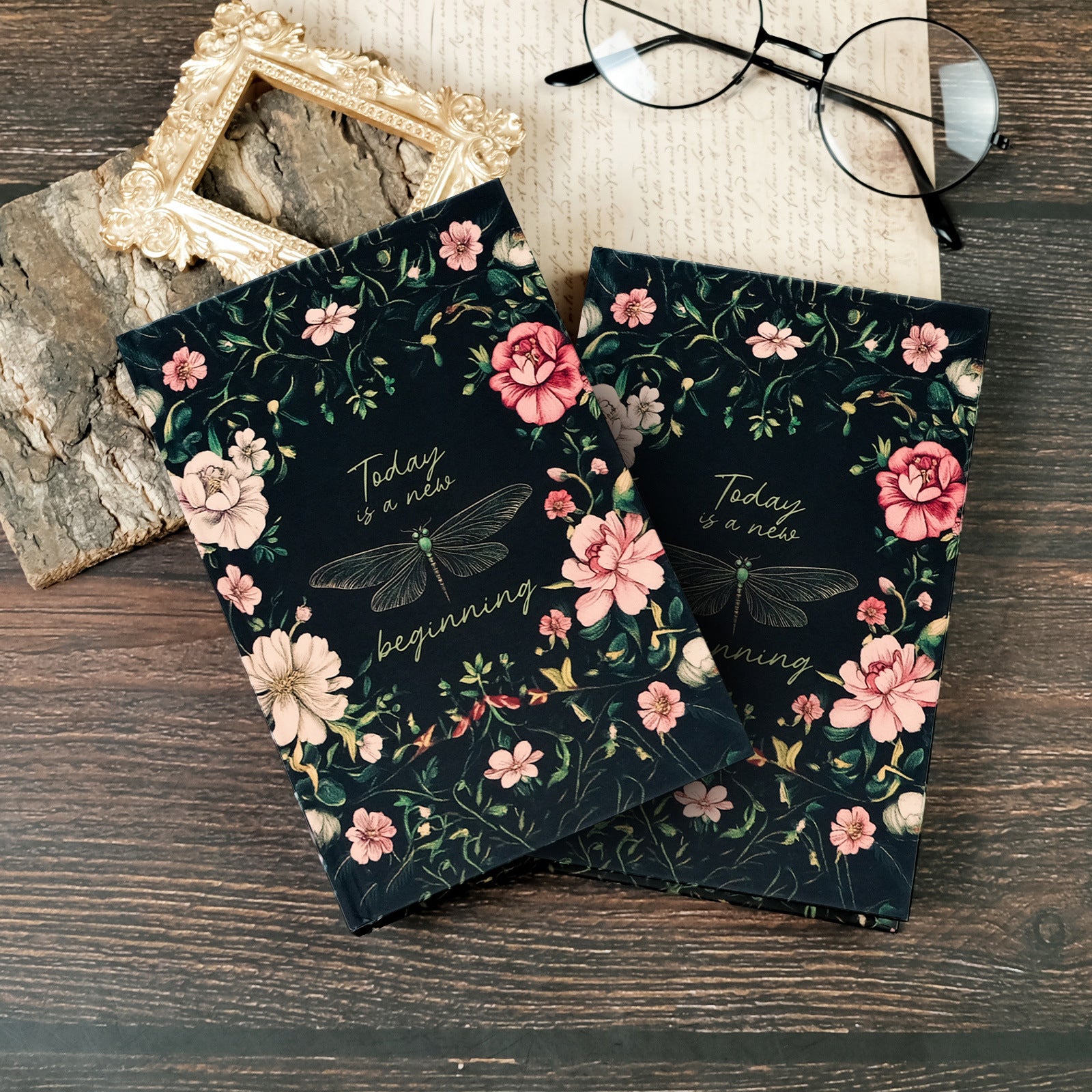 2PCS Elegant Vintage Floral Hardcover Notebook | Today is a New Beginning Dragonfly Journal | Creative A6 Portable Planner