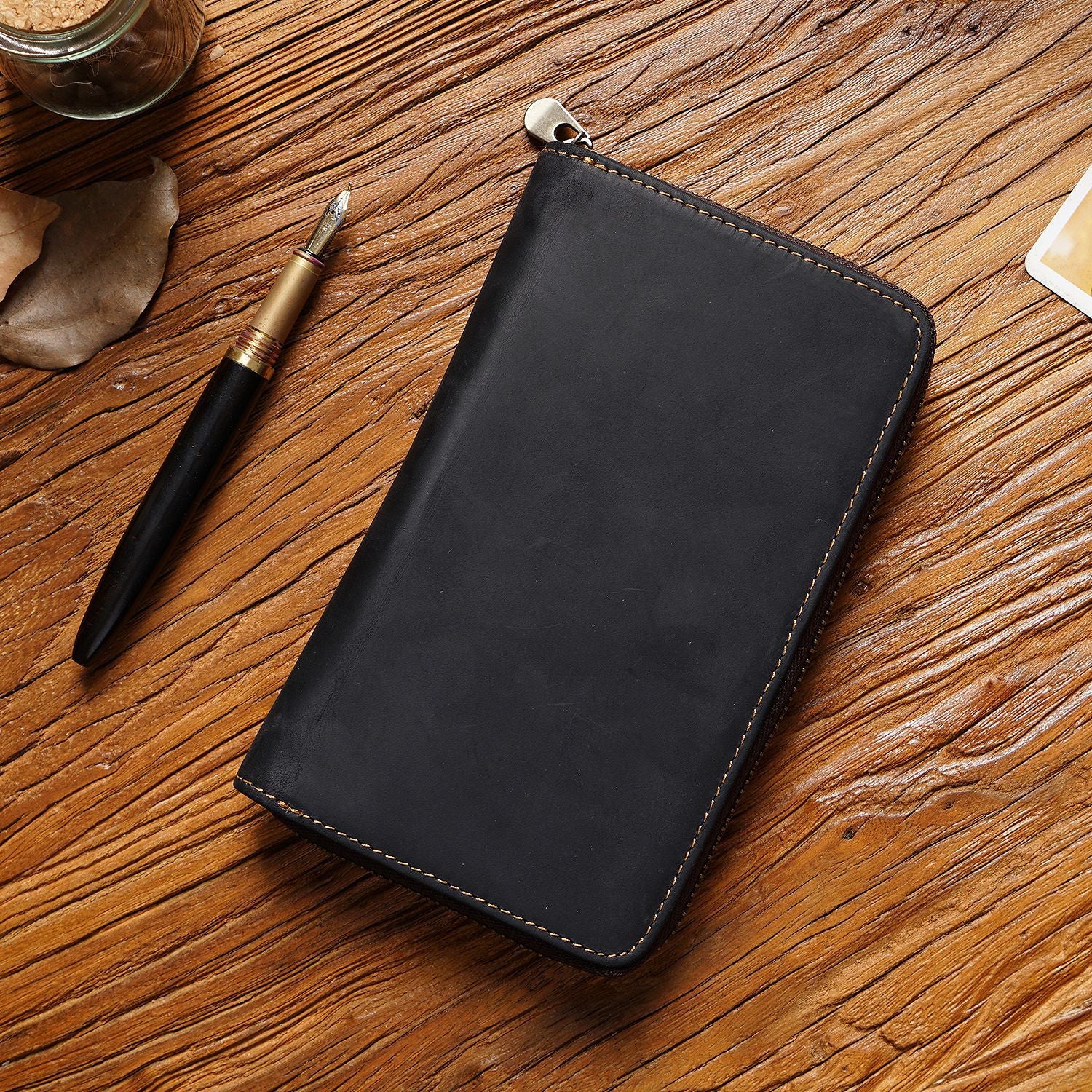 Black Genuine Crazy Horse Leather Fountain Pen Case Zippered Organiser Vintage Stationery Holder
