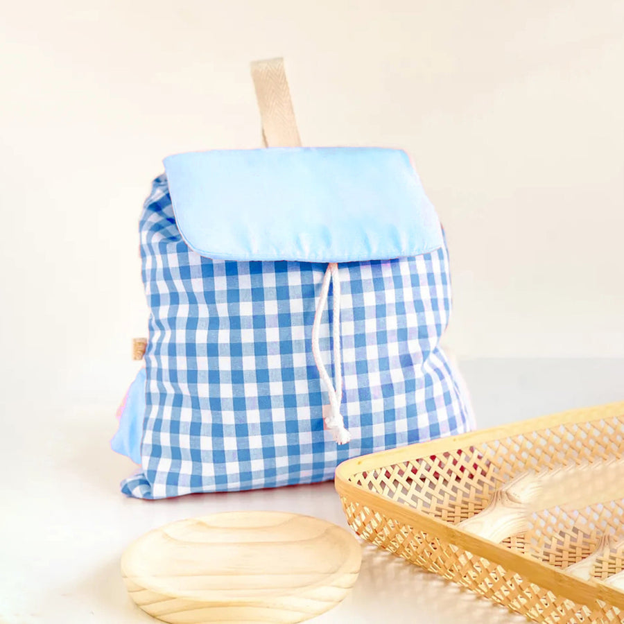 Blue Trendy Gingham Checkered Canvas Backpack | Aesthetic Student School Bag | Casual Daily Travel Daypack