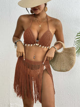 Brown Women's Hand-Crocheted Two-Piece Bikini Set with Shell Accents and Tassel Skirt
