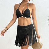Black Women's Hand-Crocheted Two-Piece Bikini Set with Shell Accents and Tassel Skirt