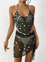 Black Women's Hand-Crocheted Beachwear Set with Sequin Embellishments – Boho Style Two-Piece Bikini Cover-Up