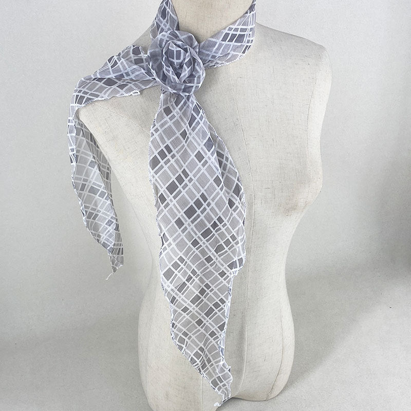 2 Pcs Light Grey Plaid Pattern Rose Flower Thin Scarf – Elegant and Versatile Neck Wrap for Women