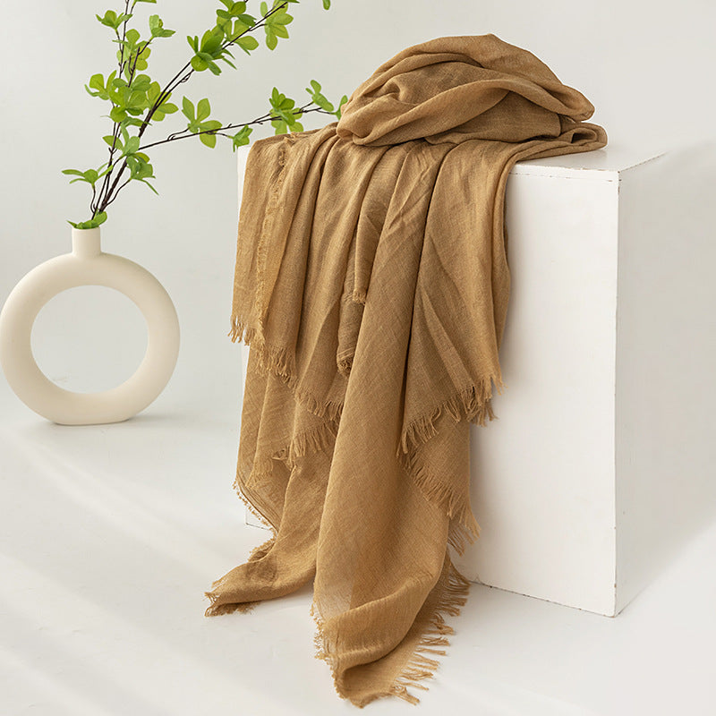 Khaki Cotton and linen scarves - Elegant, solid-color, lightweight shawls, soft and comfortable, suitable for pairing with various outfits.
