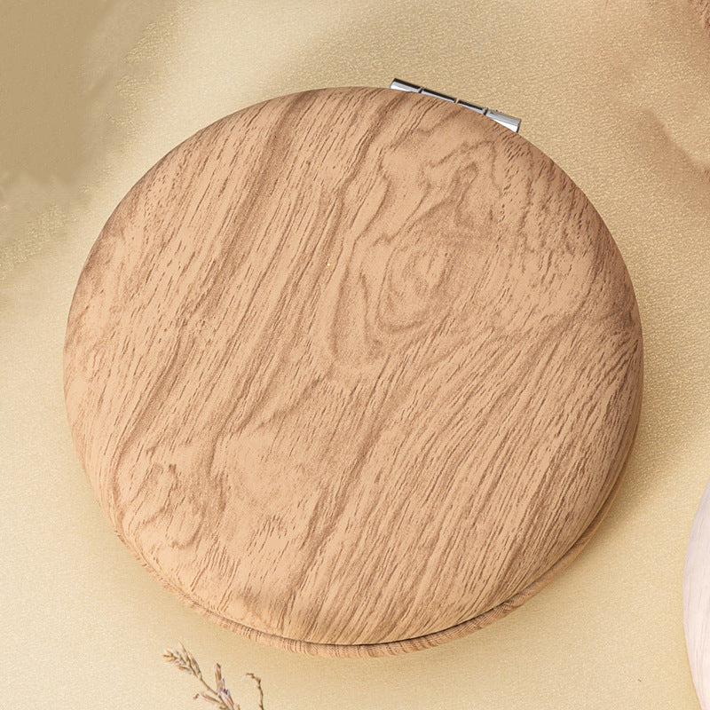 2 Pcs Khaki Portable Wooden-Style Makeup Mirror - Dual-Sided High-Definition Compact Mirror 