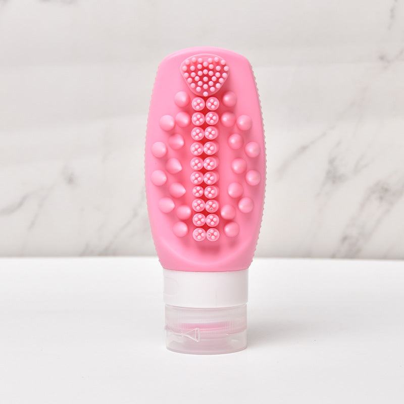 Pink Travel Silicone Refillable Bottle Set – Multi-Functional Soft-Squeeze Dispenser with Built-in Brush (3-Pack)