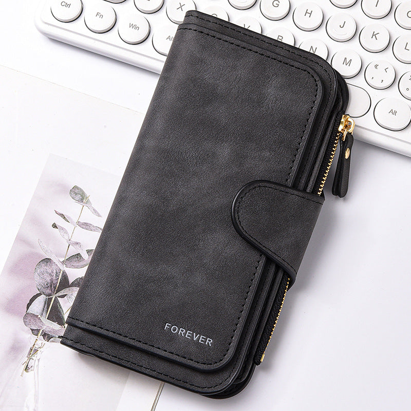 Black Stylish Large-Capacity Women's Long Wallet – Vintage PU Leather Clutch with Zipper and Snap Closure