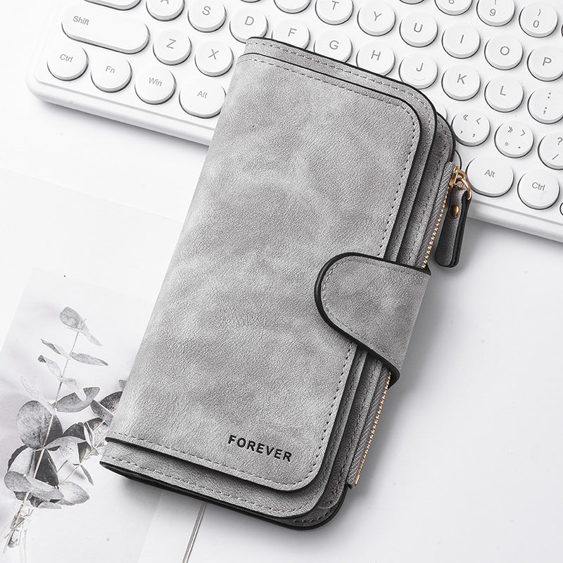 Grey Stylish Large-Capacity Women's Long Wallet – Vintage PU Leather Clutch with Zipper and Snap Closure