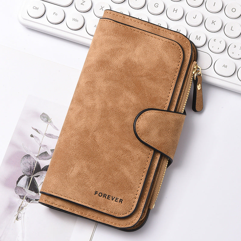 Brown Stylish Large-Capacity Women's Long Wallet – Vintage PU Leather Clutch with Zipper and Snap Closure