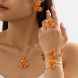 Orange Floral Enamel Jewelry Set – Five-Piece Alloy Accessory Collection with Minimalist Botanical Design