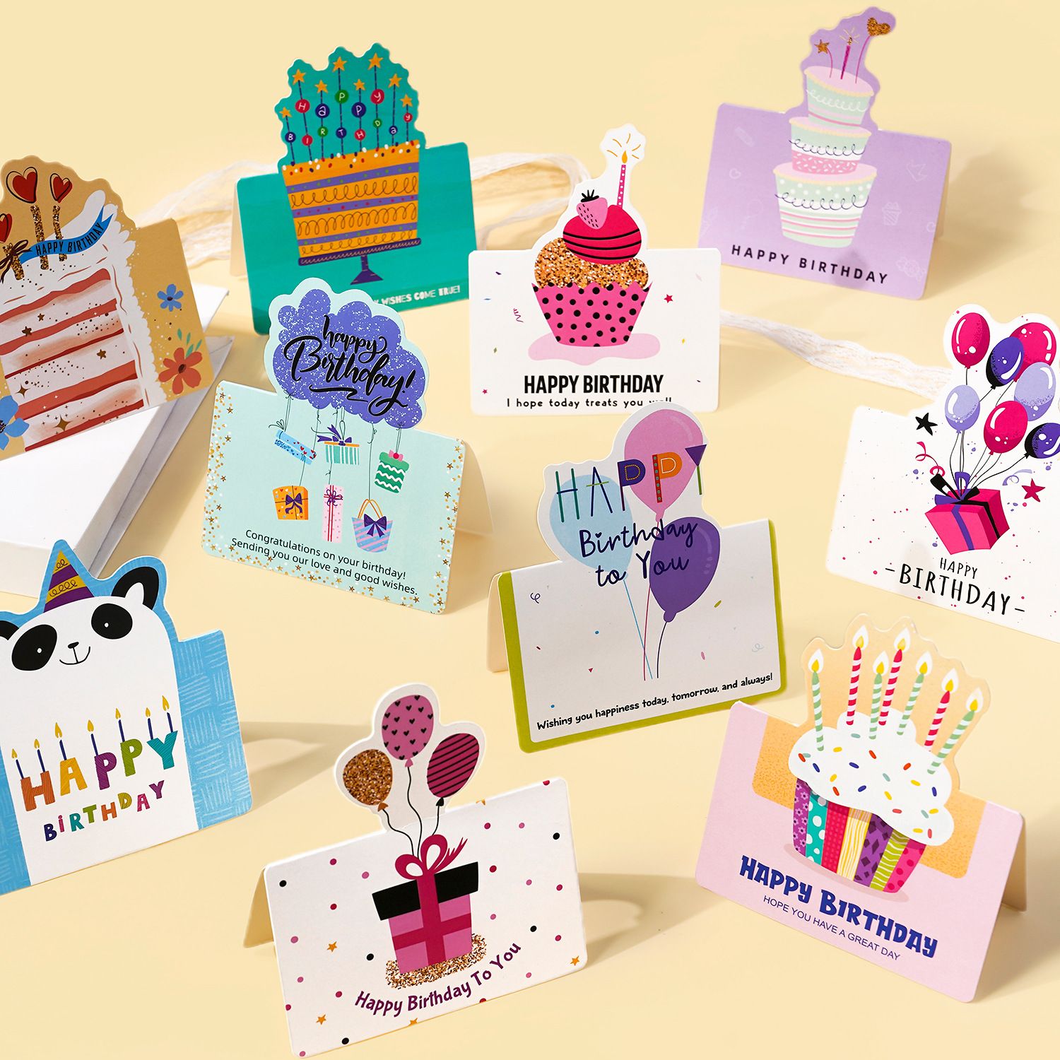 3 Sets 3D Pop-up Birthday Card Set - 3*10pcs Cartoon Panda/Cake/Balloon Greeting Cards with Envelopes, Handwritten Message Foldable Cards for Kids/Friends/Party Favors 