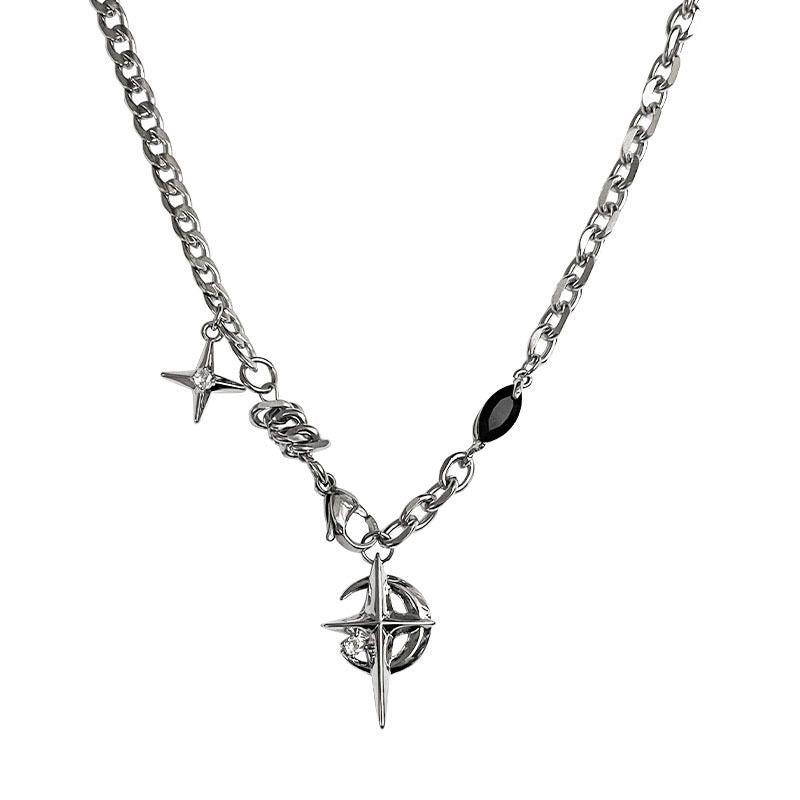 Silver Hip-hop style titanium steel black gemstone spliced ​​star cross necklace, unisex trendy streetwear design collarbone chain