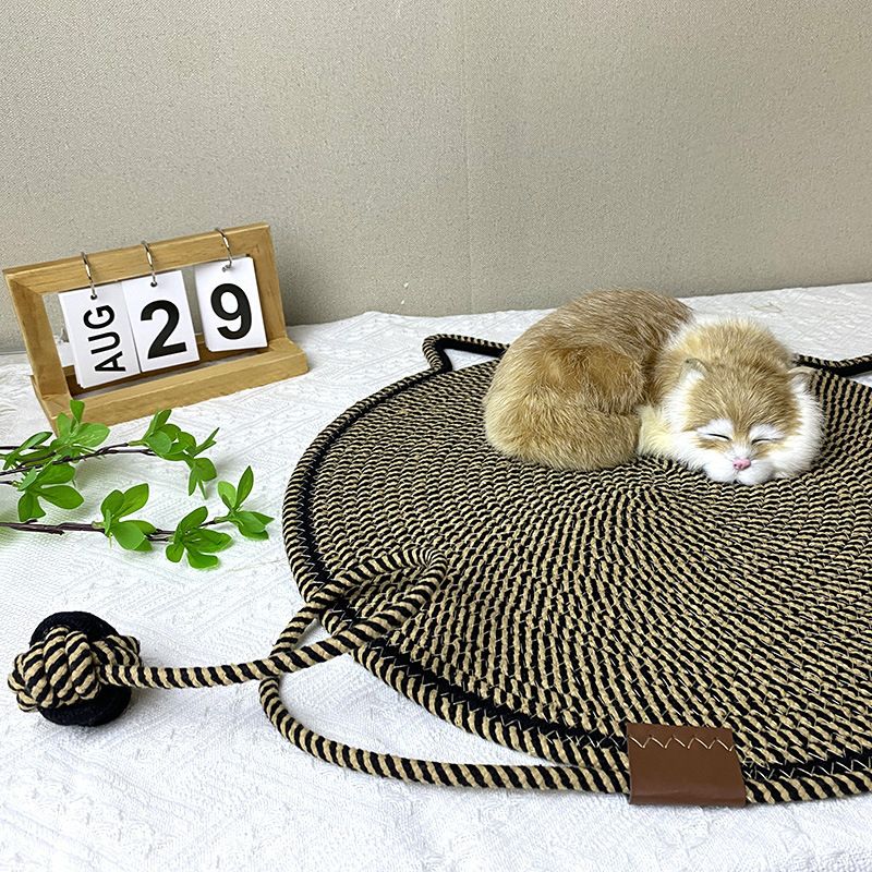 Black and Brown Durable Cat Scratching Mat with Attached Toy Ball - Washable and Multi-Functional, Ideal for Cats' Scratching and Sleeping - 50cm Diameter