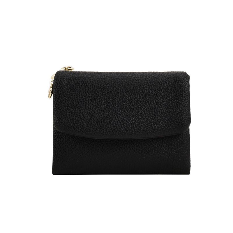 Black Women's Compact Lychee Grain Wallet – PU Leather Foldable Card Holder with Zipper Pocket 