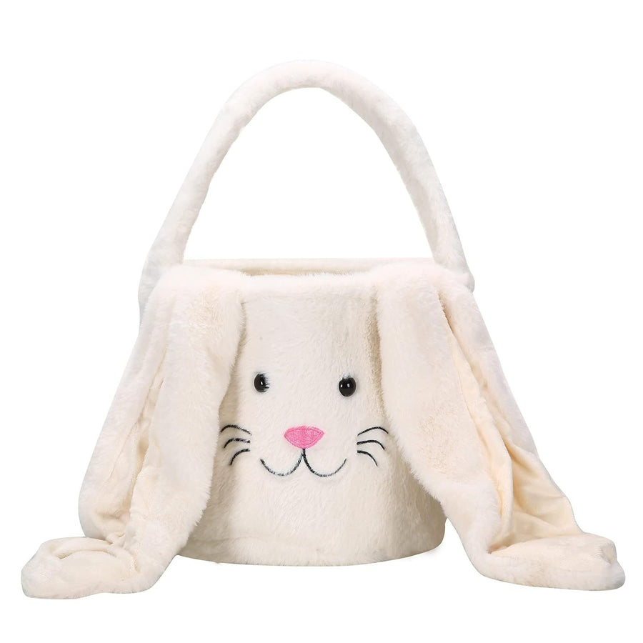 White Cute Plush Bunny Easter Basket with Long Ears and Personalization Option for Kids Egg Hunt and Spring Celebration