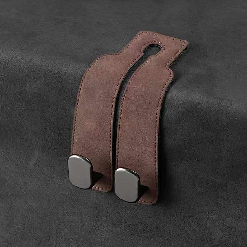 Brown 4-Pack Car Seat Back Hooks – Hidden Suede Leather with Metal Hooks for Storage and Phone Stand