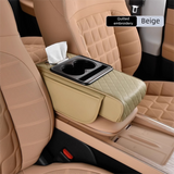 Beige Car Central Armrest Box Raiser Pad with Cup Holder, Tissue Box & Phone Storage – 4-in-1 Multi-Functional Design