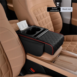Black and red Car Central Armrest Box Raiser Pad with Cup Holder, Tissue Box & Phone Storage – 4-in-1 Multi-Functional Design