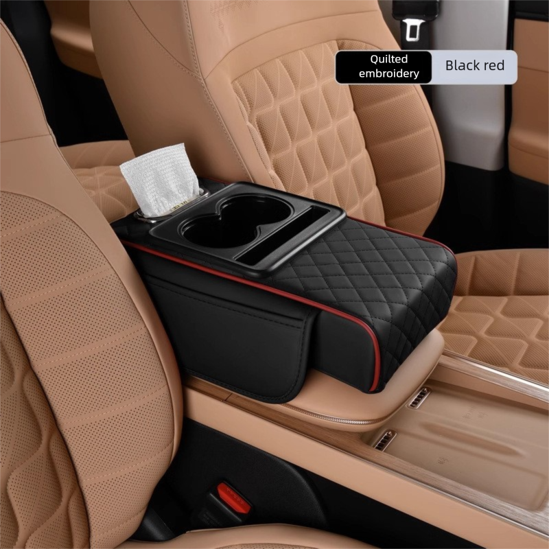 Black and red Car Central Armrest Box Raiser Pad with Cup Holder, Tissue Box & Phone Storage – 4-in-1 Multi-Functional Design