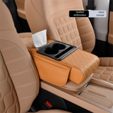 Yellow Car Central Armrest Box Raiser Pad with Cup Holder, Tissue Box & Phone Storage – 4-in-1 Multi-Functional Design