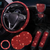 Red 7-Piece Car Interior Decoration Set – Crystal Rhinestone Steering Wheel Cover, Gear Shift Cover, Seat Belt Pads, Cup Coasters & Ignition Switch Cover