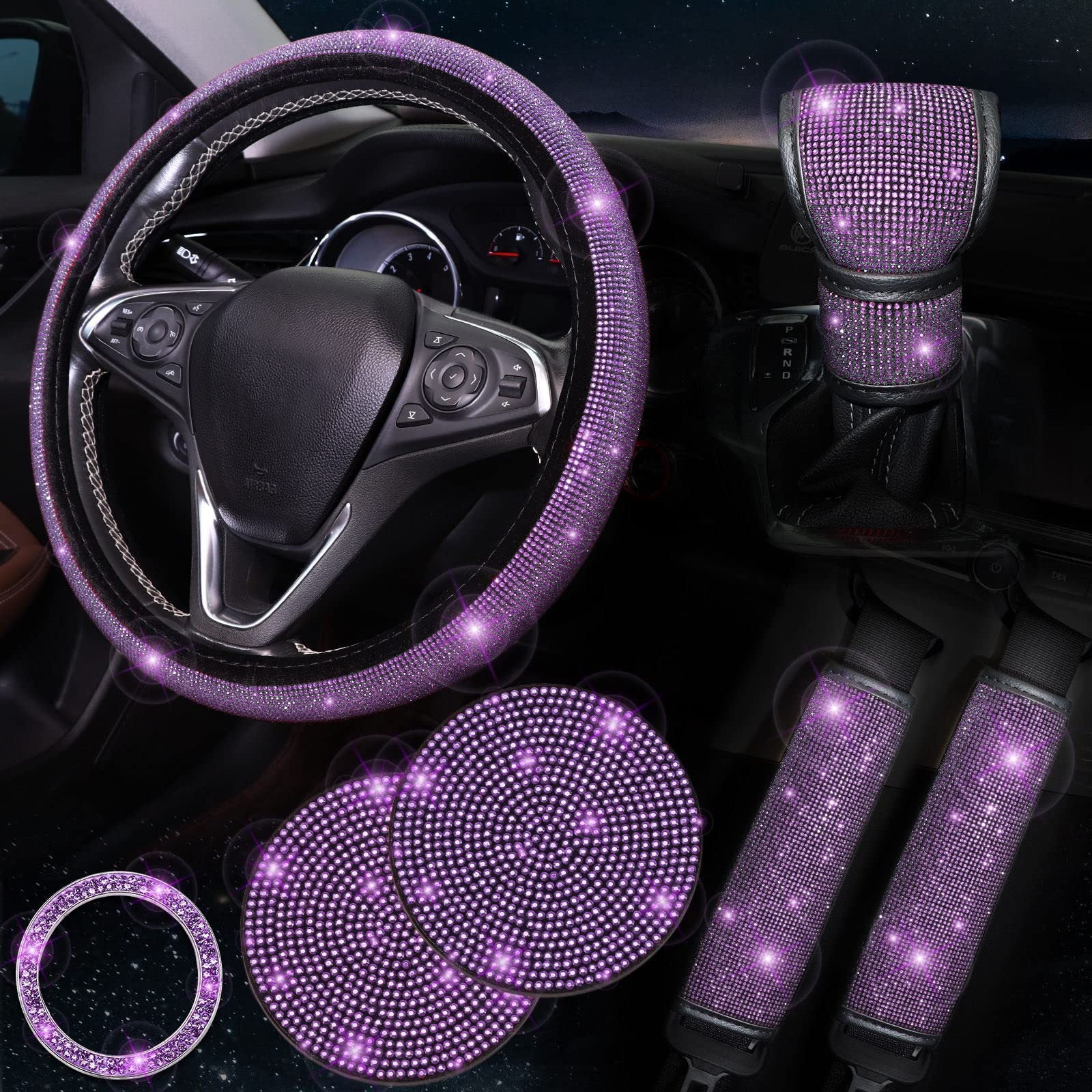 Light purple 7-Piece Car Interior Decoration Set – Crystal Rhinestone Steering Wheel Cover, Gear Shift Cover, Seat Belt Pads, Cup Coasters & Ignition Switch Cover