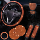 Orange 7-Piece Car Interior Decoration Set – Crystal Rhinestone Steering Wheel Cover, Gear Shift Cover, Seat Belt Pads, Cup Coasters & Ignition Switch Cover