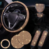 Champagne colour 7-Piece Car Interior Decoration Set – Crystal Rhinestone Steering Wheel Cover, Gear Shift Cover, Seat Belt Pads, Cup Coasters & Ignition Switch Cover