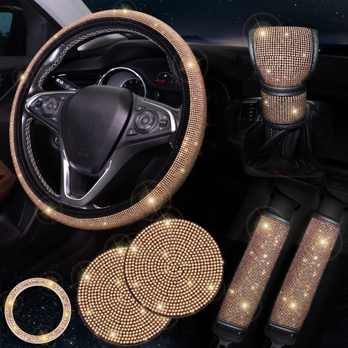 Champagne colour 7-Piece Car Interior Decoration Set – Crystal Rhinestone Steering Wheel Cover, Gear Shift Cover, Seat Belt Pads, Cup Coasters & Ignition Switch Cover