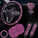 Rose red 7-Piece Car Interior Decoration Set – Crystal Rhinestone Steering Wheel Cover, Gear Shift Cover, Seat Belt Pads, Cup Coasters & Ignition Switch Cover