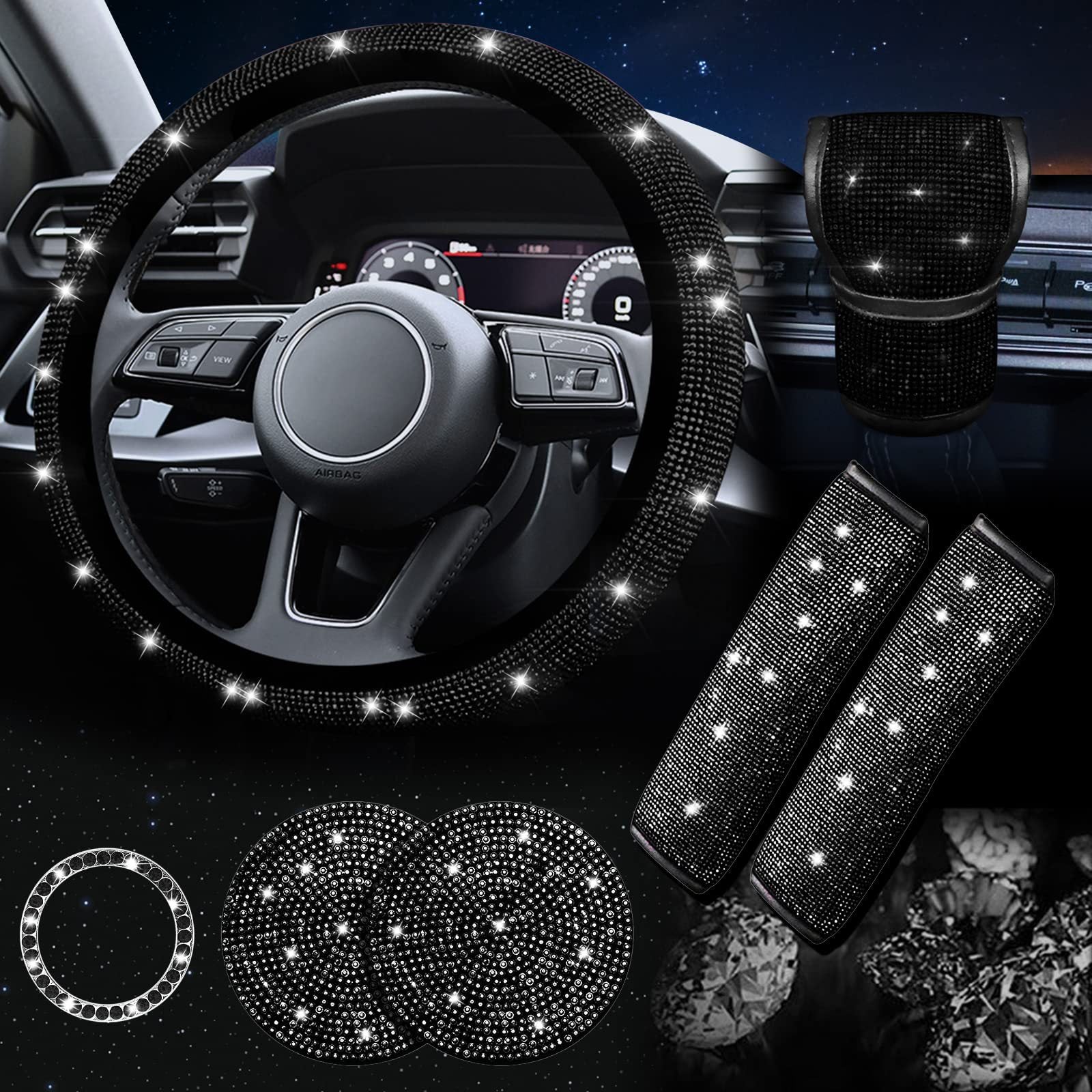 Black 7-Piece Car Interior Decoration Set – Crystal Rhinestone Steering Wheel Cover, Gear Shift Cover, Seat Belt Pads, Cup Coasters & Ignition Switch Cover