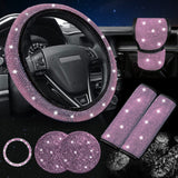 Pink 7-Piece Car Interior Decoration Set – Crystal Rhinestone Steering Wheel Cover, Gear Shift Cover, Seat Belt Pads, Cup Coasters & Ignition Switch Cover