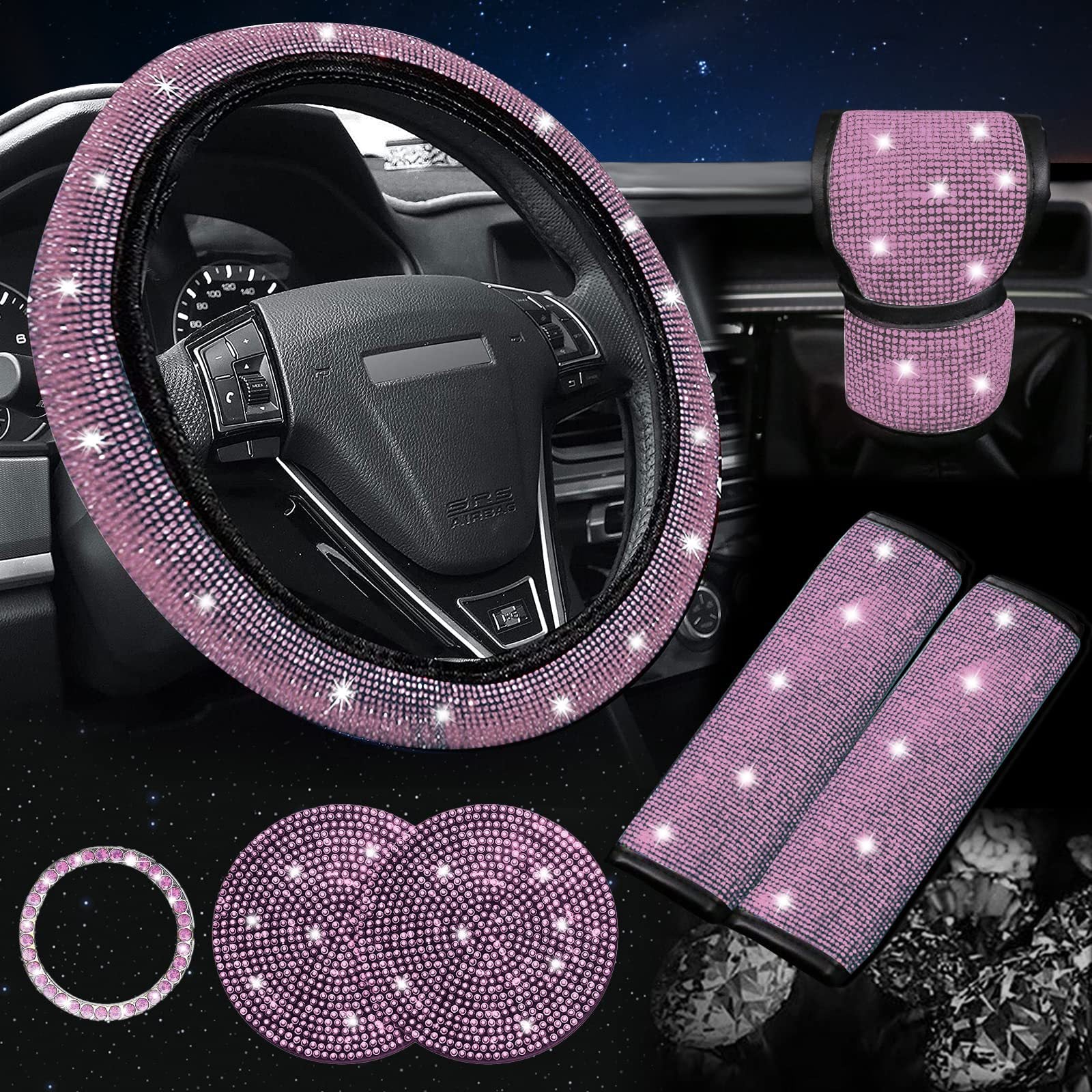 Pink 7-Piece Car Interior Decoration Set – Crystal Rhinestone Steering Wheel Cover, Gear Shift Cover, Seat Belt Pads, Cup Coasters & Ignition Switch Cover