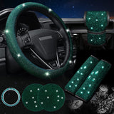 Green 7-Piece Car Interior Decoration Set – Crystal Rhinestone Steering Wheel Cover, Gear Shift Cover, Seat Belt Pads, Cup Coasters & Ignition Switch Cover